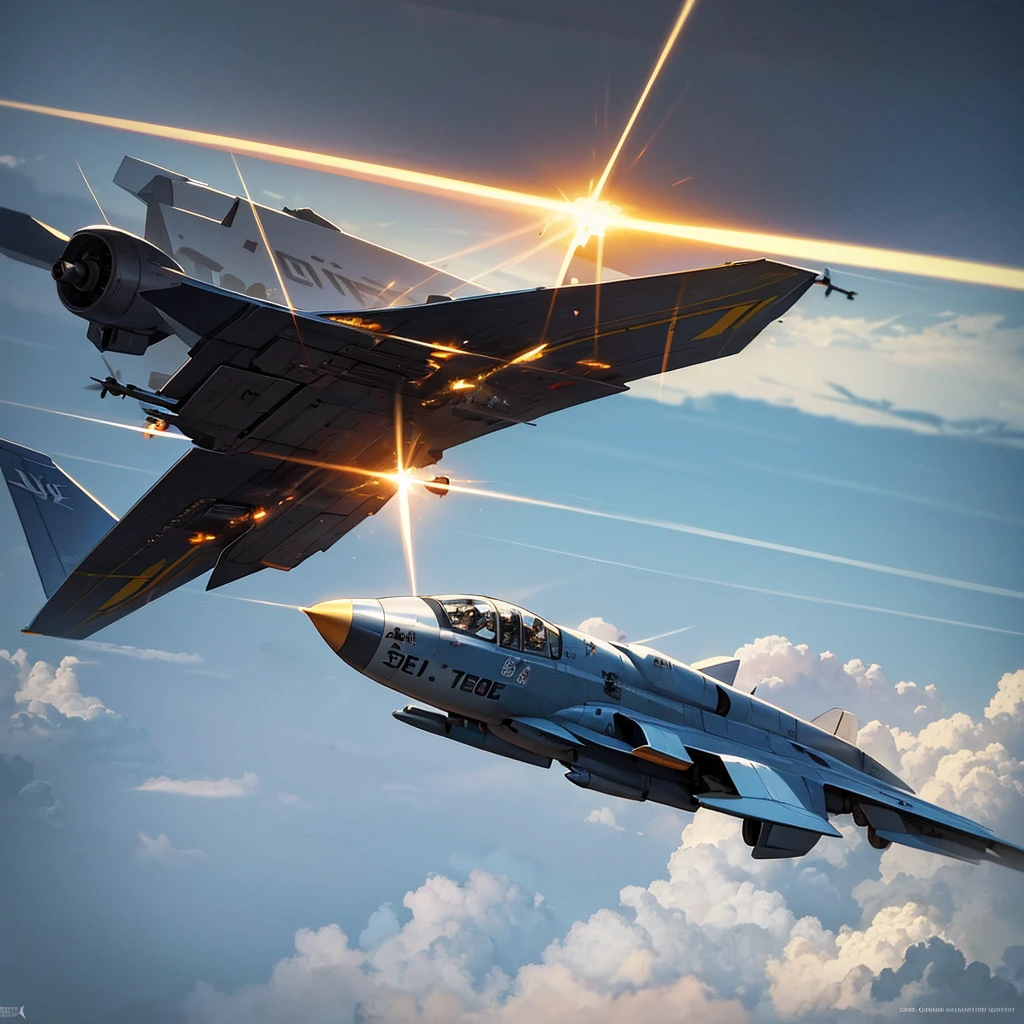 Content: A high-speed, intense digital art piece of a fighter plane diving downward while shooting its machine guns. The bullets are visibly streaking through the air as the plane descends at a steep angle.
Medium: Digital art, concept illustration.
Style: Realistic and detailed, capturing the dynamics and speed of aerial combat.
Lighting: Dramatic lighting with the sunlight glinting off the plane’s metal surface, and the muzzle flashes from the machine guns providing bright, intense points of light.
Colours: A palette dominated by sky blues and metallic greys, with bright flashes of orange and yellow from the gunfire.
Composition: The plane is angled sharply downward in the frame, with the bullets trailing in a dynamic arc. The background features a clear blue sky, with faint traces of other aircraft or smoke trails in the distance, adding to the sense of action and urgency.