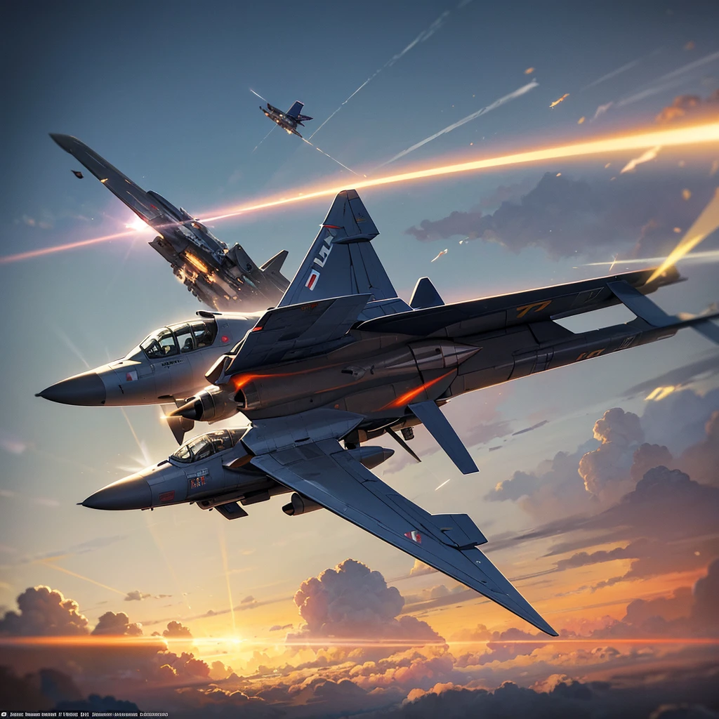 Content: A high-speed, intense digital art piece of a fighter plane diving downward while shooting its machine guns. The bullets are visibly streaking through the air as the plane descends at a steep angle.
Medium: Digital art, concept illustration.
Style: Realistic and detailed, capturing the dynamics and speed of aerial combat.
Lighting: Dramatic lighting with the sunlight glinting off the plane’s metal surface, and the muzzle flashes from the machine guns providing bright, intense points of light.
Colours: A palette dominated by sky blues and metallic greys, with bright flashes of orange and yellow from the gunfire.
Composition: The plane is angled sharply downward in the frame, with the bullets trailing in a dynamic arc. The background features a clear blue sky, with faint traces of other aircraft or smoke trails in the distance, adding to the sense of action and urgency.