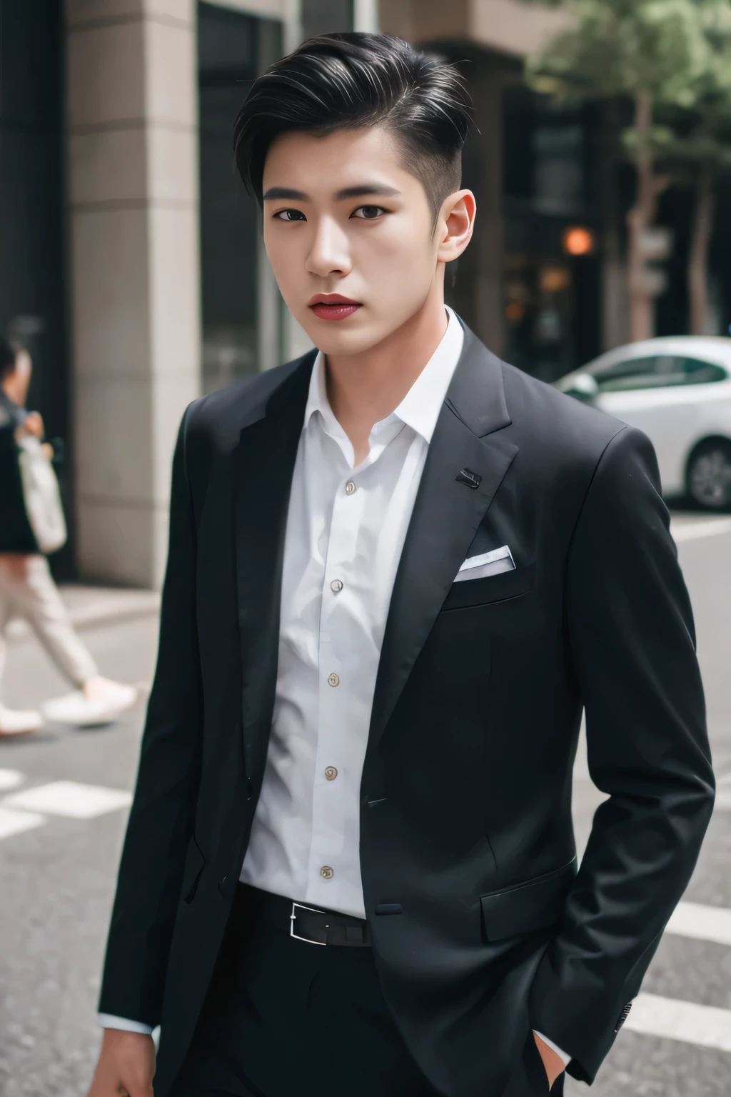 Asian male model on the street,The wedding car is super cool,best qualtiy,Slr,Business suit