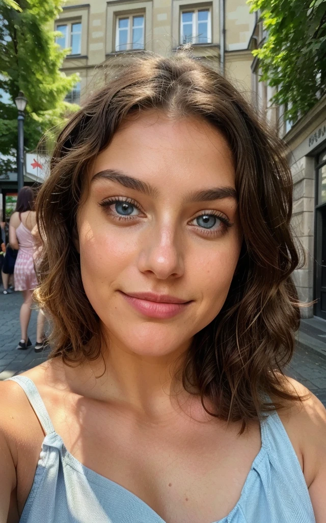 Beautiful brunette, wearing a summer dress (22 years old, innocent face, naturally wavy hair, blue eye), ((Selfie auf dem upper body, a happy)), masterpiece, beste-Qualit, Ultra-detail, 独奏, En plein air, (Morning Day, munich germany), City , Citycenter, (Sunny, munich) cheerful, analog style (look at the viewer: 1.2) (Skin texture) (Film grains: 1.3), (warm hue, warmer Ton: 1.2), a close-up of a, cinematiclight, sidelighting, extra high resolution, better shadow, SPIRIT, upper body, beautiful summer dress