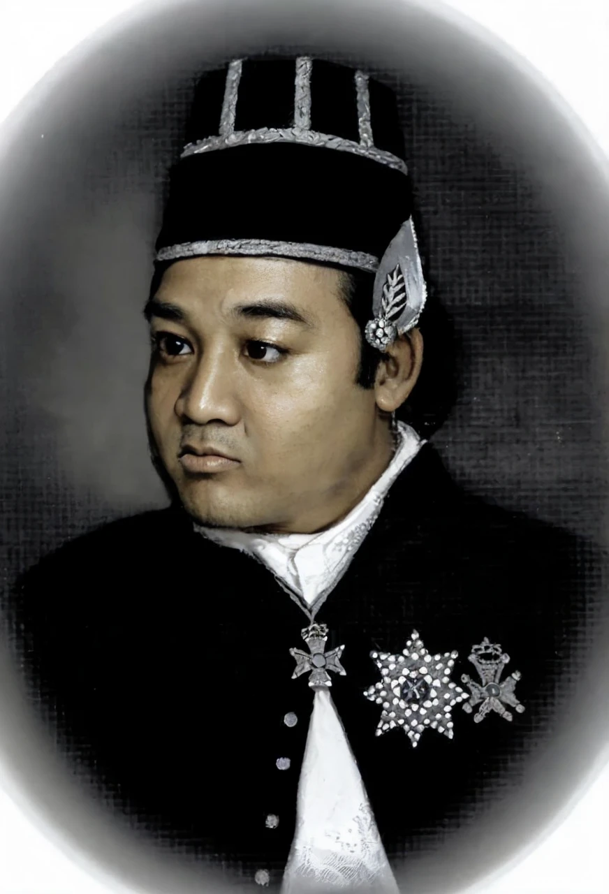 Indonesian Muslim men, aged 40 years and over, wearing clothes that have the feel of a regal king, black kanigaran type clothes and head coverings. round, slightly fat face, brown skin with wrinkles on the forehead, clear eyes, slightly sharp nose, slightly thick lower lip, natural black eyebrows, realistic HD quality image.