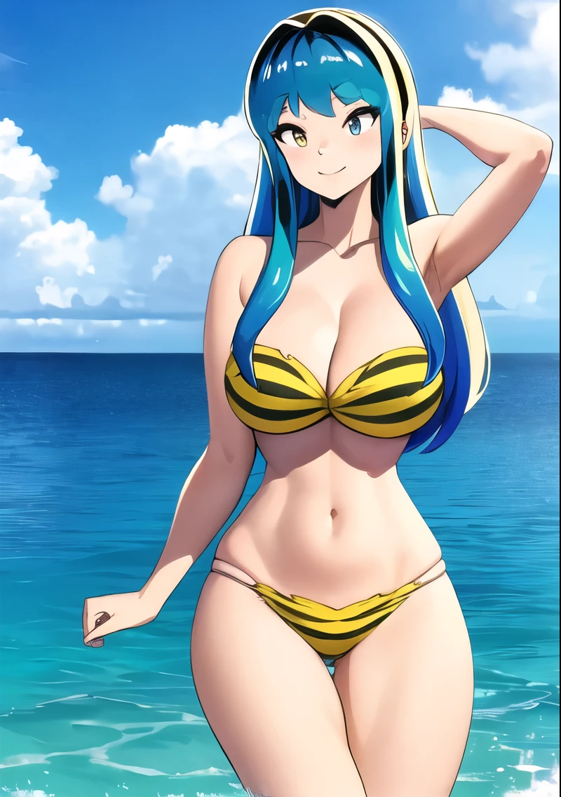 (extremely detailed 8k wallpaper:1.2), masterpiece, best quality, lum_bikini, (sexy posing:1.2), cowboy shot, looking at viewer, smile, ocean