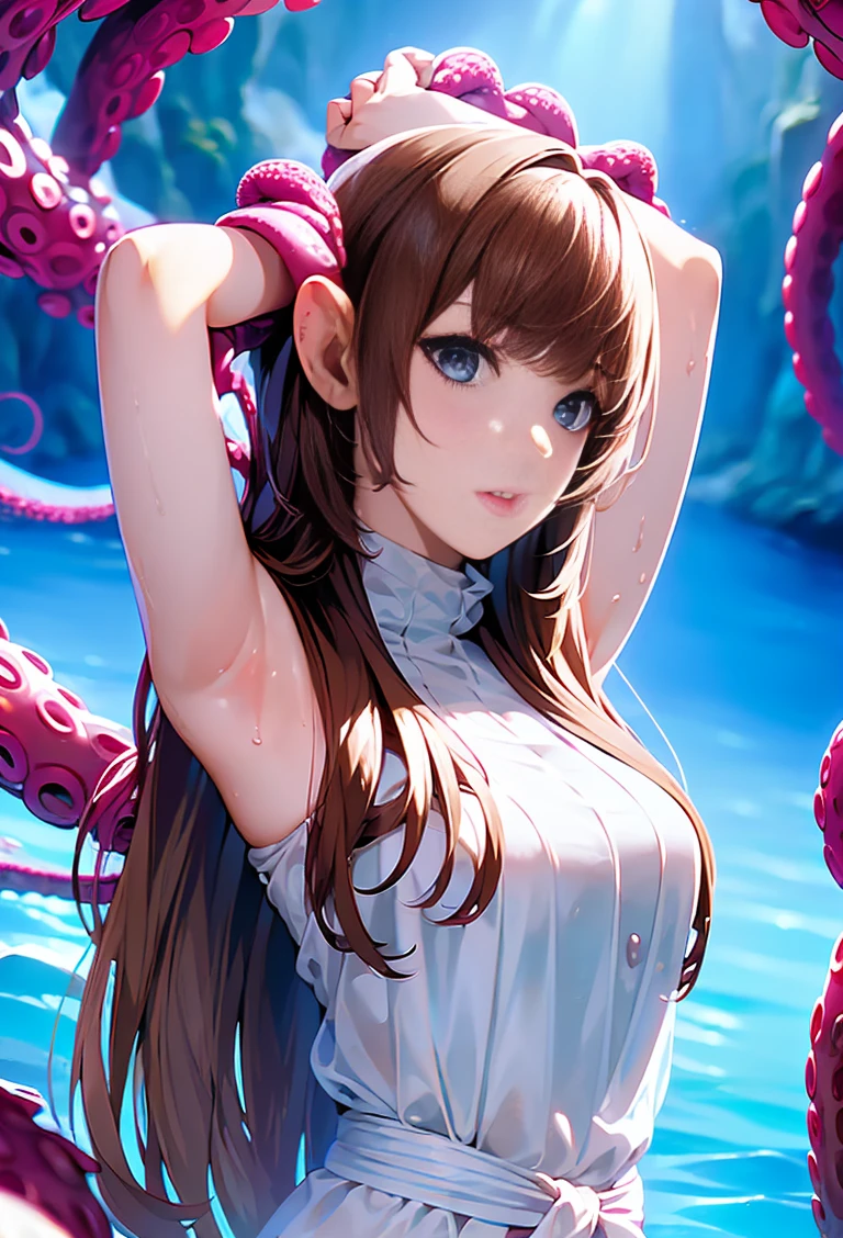 ((masterpiece)), ((Highest quality)), (Super detailed),(At the Beach ),(monster),(((Many tentacles wrapped around the body))),pretty girl, One girl, alone, (white girly dress),((Many tentacles bind his arms)), ((Narrow waist)),Large Breasts, Mating with tentacles、naked,Beautiful brown hair, Beautiful Blue Eyes, (Beautiful Eyes), Long Hair,Troubled expression