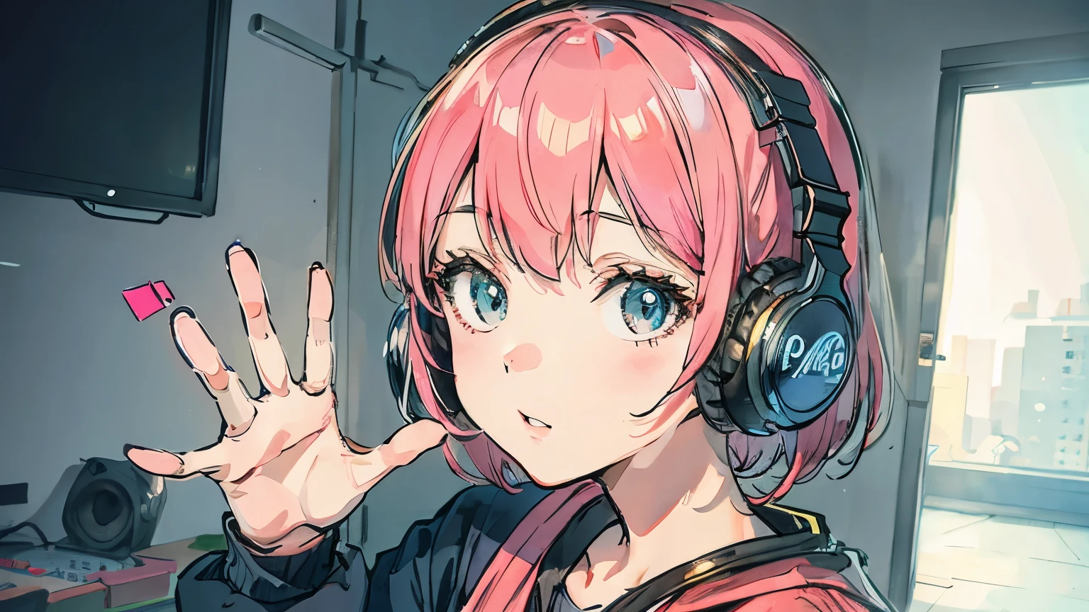 Wearing headphones、Bob Girl,record,whole body