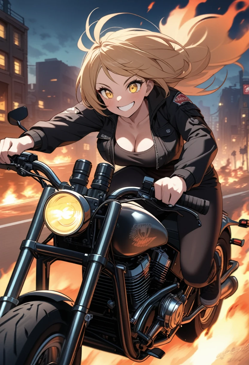 Blonde, Golden Eyes, woman, Cruiser Bike, Large Breasts, motorcycle goggles, Happy, Big smile, Burning city at night, Zombie Apocalypse, Black Streetwear, Speeding, Very detailed, Perfect Eyes, Perfect hands