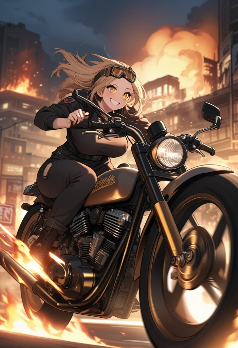 Blonde, Golden Eyes, woman, Cruiser Bike, Large Breasts, motorcycle goggles, Happy, Big smile, Burning city at night, Zombie Apocalypse, Black Streetwear, Speeding, Very detailed, Perfect Eyes, Perfect hands