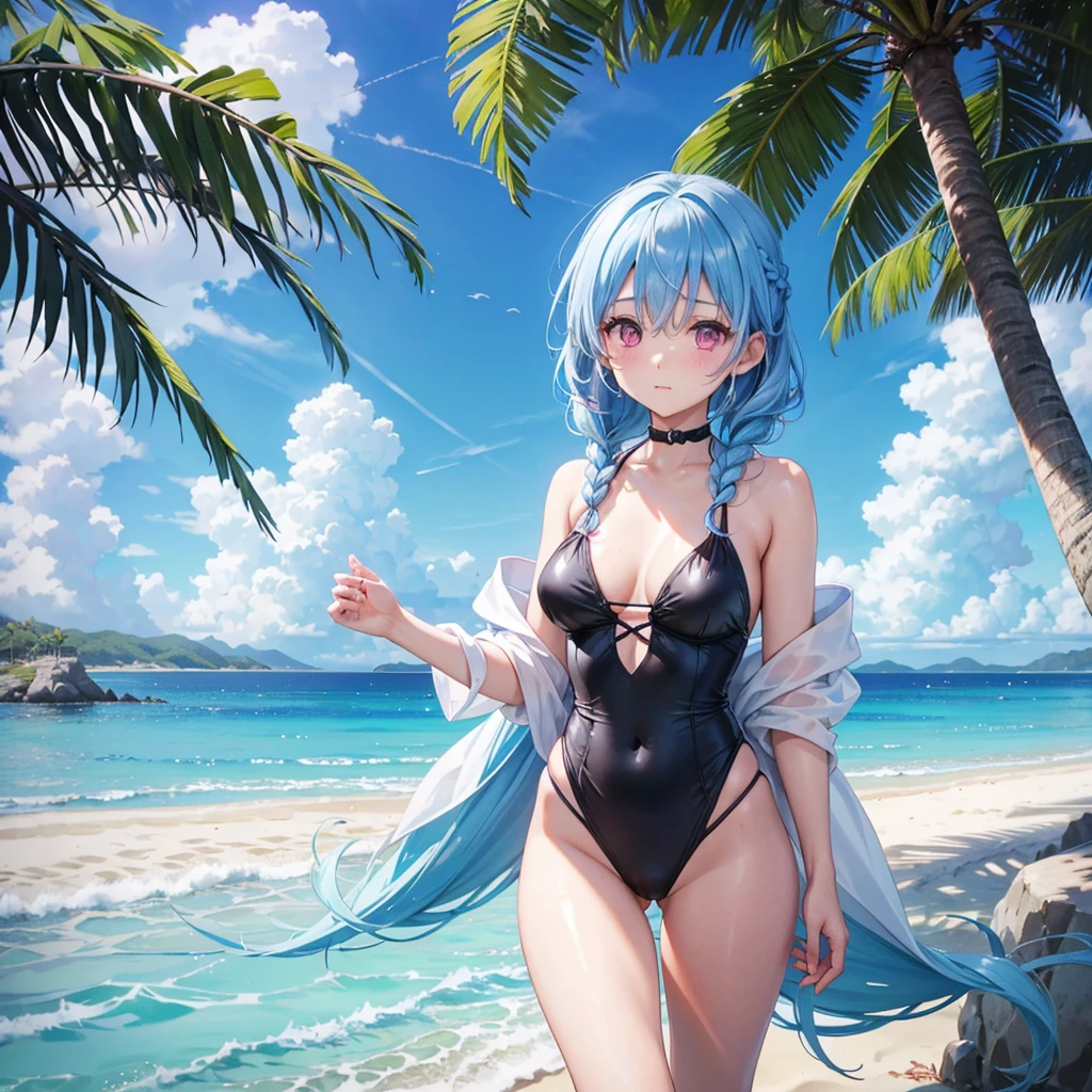 (Sky blue medium hair),(Braided hair tied together)、Pink eyes、Fair skin、(whole body)、(One Girl)、Black Swimsuit、Stylish sunglasses、Shining white sand beach in midsummer、Okinawa's ocean、A happy smile、、(masterpiece、Highest quality、Very detailed、Best Shadow)、(Detailed Background)、(Beautifully detailed face)、High contrast、(Best lighting、Very delicate and beautiful)、((Cinematic Light))、colorful、Hyper Detail、Dramatic Light、Exquisite detail、Standing with your legs apart