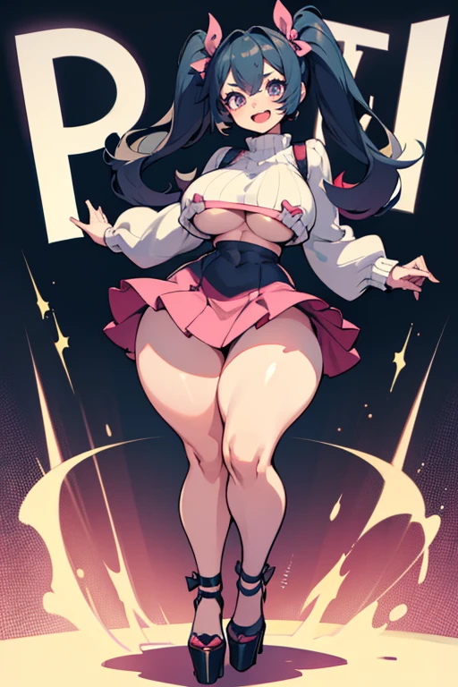 young girl, Pullover, very short skirt whole body to see, exited, smile, scream, Open mouth pigtails hair, (( very wide hips)), (huge thighs, very big thighs), platform heels , thin waist, hunderboob top,