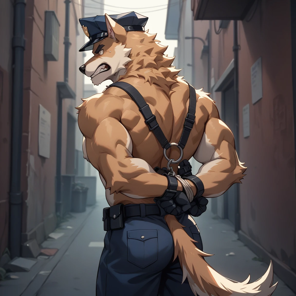 （Furry、dog police officer）、Dark back alley、Hands restrained behind your back、front、Muscular、Estrus、Looks frustrated、Are standing