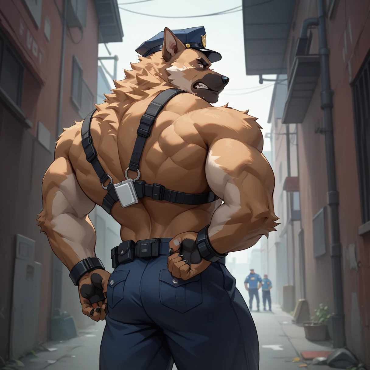 （Furry、dog police officer）、Dark back alley、Hands restrained behind your back、Look forward、Muscular、Looks frustrated、Are standing