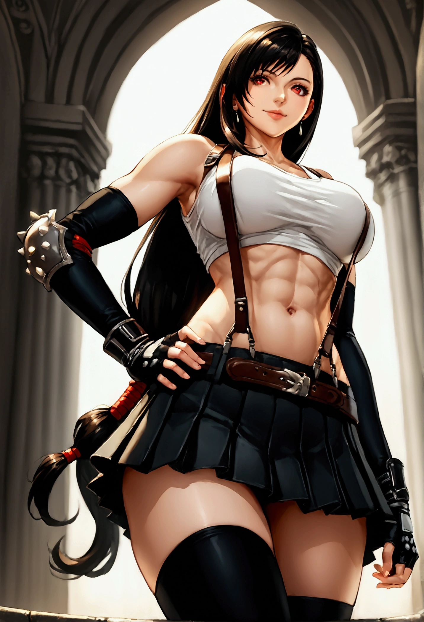 score_9, score_8_up, score_7_up,,BREAK , ,from front,front view,below angle,,standing,contrapost,upperbody ,,straight-on,Solo,1girl, tifa lockhart, final fantasy,ultra beautiful ,black hair, low-tied long hair, red eyes, bangs, (white tank top,gap),High exposure，Belly exposure，the ribs，(belt, pleated skirt, thighhighs, elbow fingerless gloves, elbow pads, midriff, navel,suspenders.skirt),beautiful waist ,((large_breast:1.3)),light smile,,hand on own hip,daytime,outdoor,(ultra detailed),(best quality),(aesthetic,very aesthetic),UHD,　　