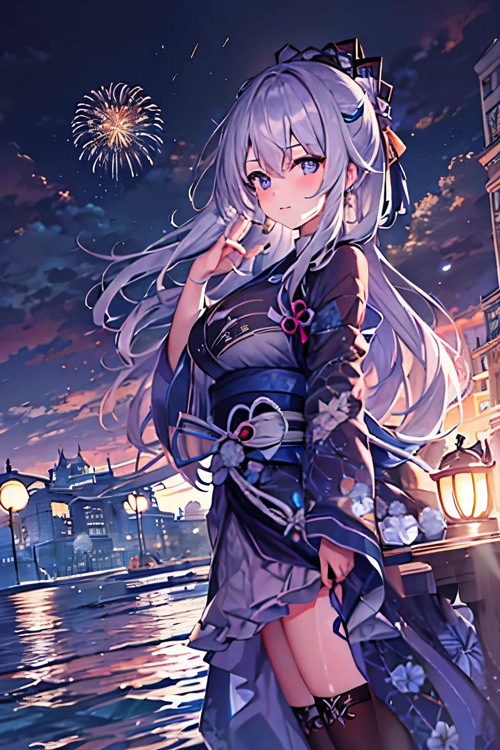 Highest quality,masterpiece,Ultra-high resolution,One girl,Cute pose,Belfast,silver long hair,Dark blue eyes,cute,blush,night,River side,firework,yukata,girl friend,Big breasts,firework大会