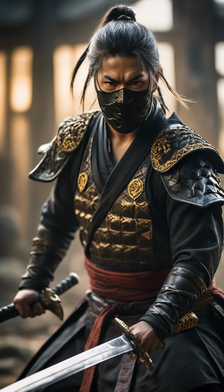 Hattori Hanzo, Strong, focused, fearless, stealthy, black ninja outfit, samurai sword, traditional armor, mask, piercing eyes, agile, hyper realistic, ultra detailed hyper realistic, photorealistic, Studio Lighting, wearing a gold crown, reflections, dynamic pose, Cinematic, Color Grading, Photography, Shot on 50mm lens, Ultra-Wide Angle, Depth of Field, hyper-detailed, beautifully color, 8k