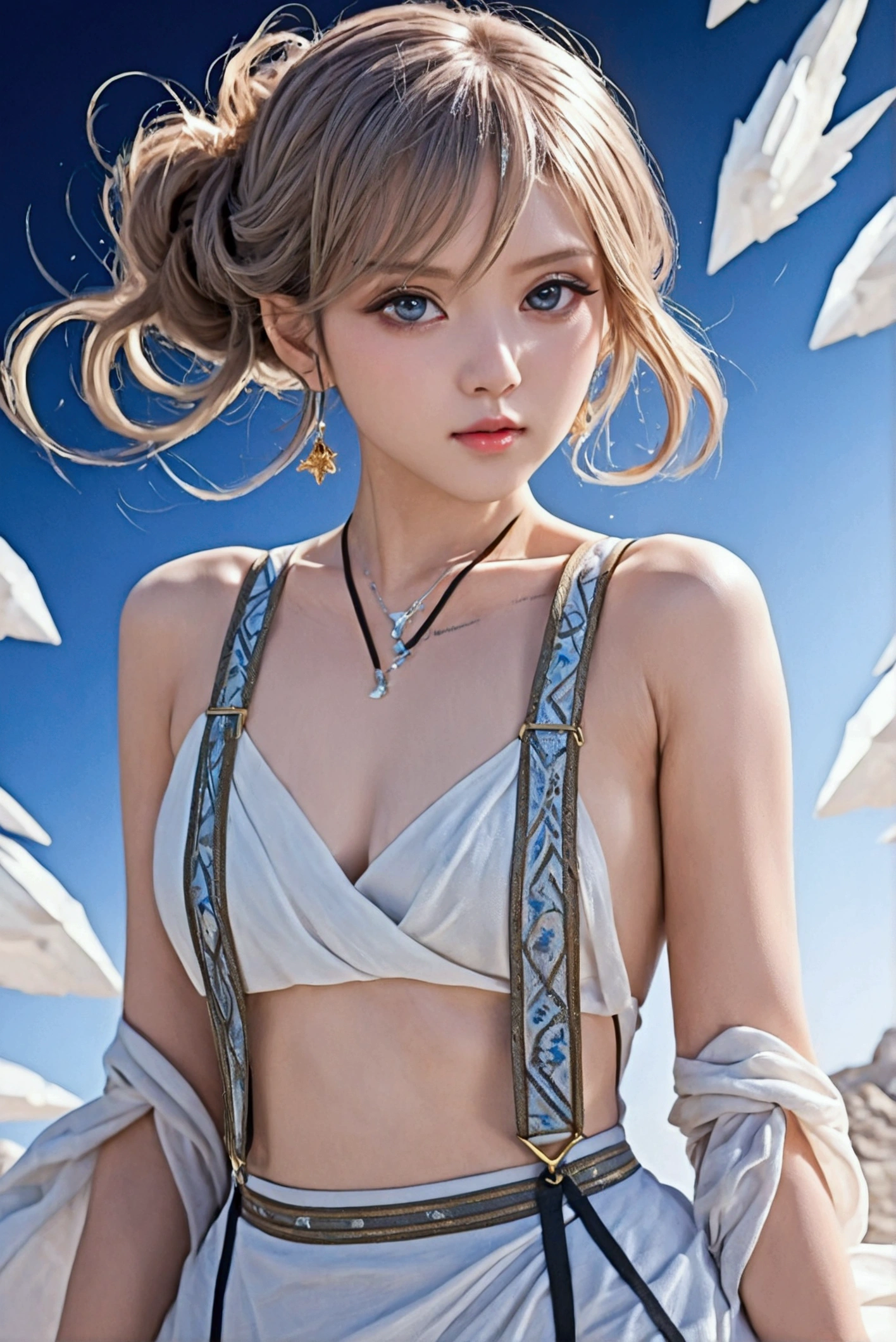 Bust photo, face close-up, face shot, a beautiful woman, messy hair, girly, symmetrical bun, hair accessories, jewelry, delicate face, (suspenders: 1.5), (high split lower skirt 1.7), (many patterns: 1.5), crop navel, open belly, Dunhuang style, a lot of streamers, delicate skin, soft light effect, delicate and smooth hair, delicate details, eye highlights, fair skin, fine portrayal, extreme details, cinematic quality, thin, slender, broken, hair details, thin bangs, shawl hair, right body, shadow, air bangs, 8K, super fine, fine fabric texture, soft, smooth, smooth texture, ((Dunhuang style)) )))), delicate patterns, correct hand painting,