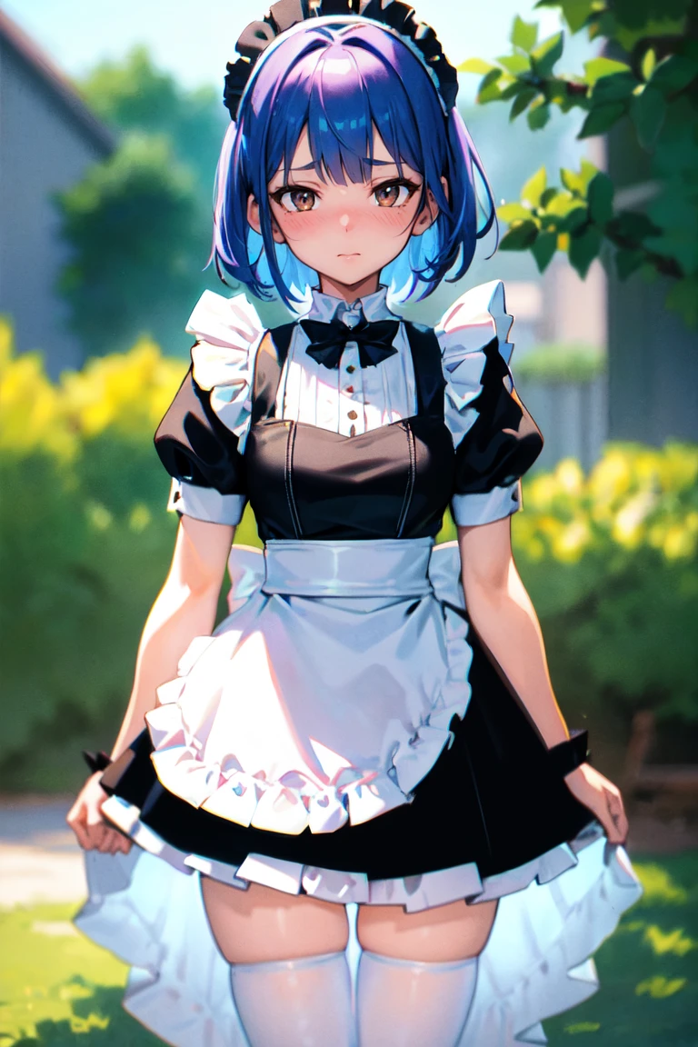 (best quality), masterpiece, Extremely detailed, high color, 1girl, bunny hybrid, detailed maid outfit, looking at camera, embarrassed, light blue short layered hair, brown eyes