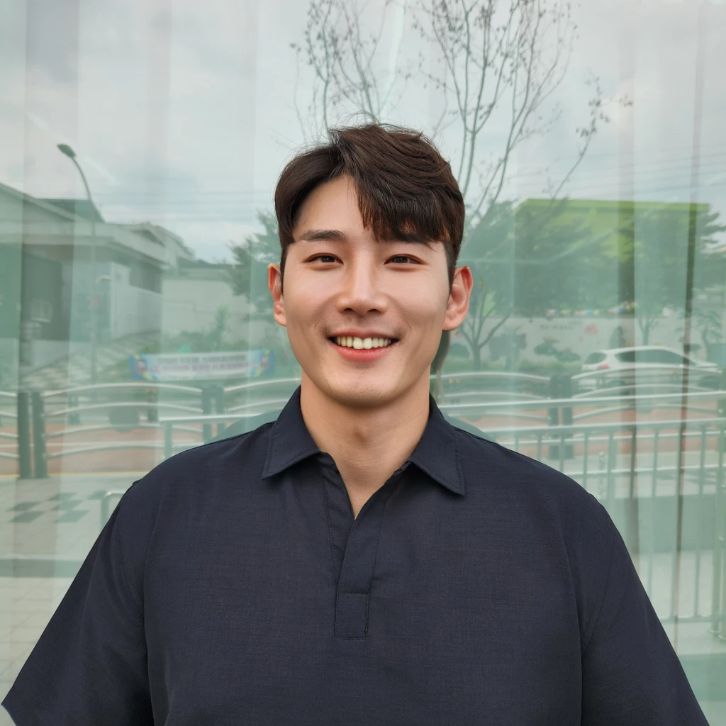 Best Quality, 8k, Masterpiece, (Portrait: 1.3), (photo realistic:1.4), (hyper realistic:1.4), Sharp Focus, looking at viewer, (smoother lighting:1.1), (increase cinematic lighting quality:0.9), realistic lighting, backlighting, light on face, ray trace, (brightening light:1.2), (Increase quality:1.4), sharp detail, (best quality real texture skin:1.4), finely detailed eyes, black_eyes, finely detailed face, 25 year old Korean man,smiling_face