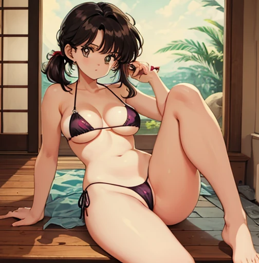 a woman posing in a lewd bikini in front of the sliding glass door of her house with it's own feet propped on the glass