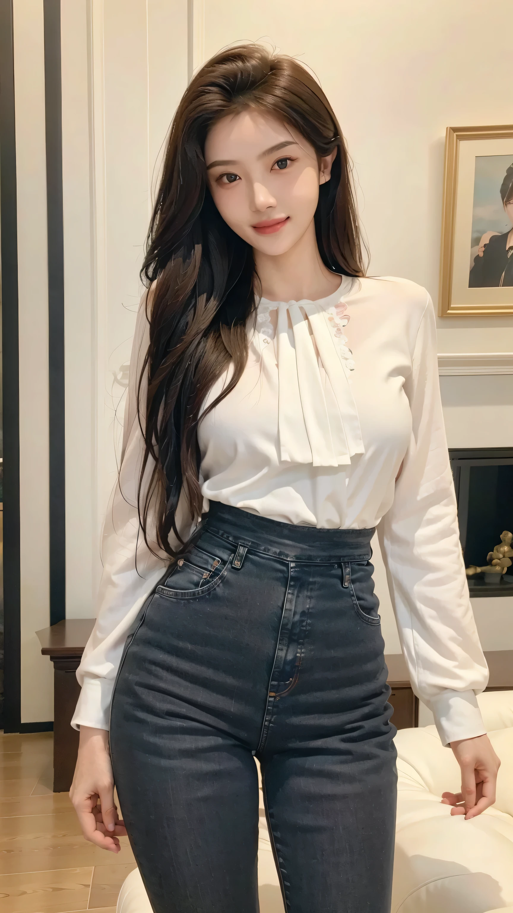 ((Realistic photo, Best quality, 8K, Masterpiece: 1.3)), (raw photo:1.2), Hyperrealist portrait gorgeous Beautiful Chinese girl, 16 years old, Perfect Figure, pretty body, (beautiful flat breasts: 1.2), very detailed eyes and face, (lustfully naughty face, crimson red lip, heavy makeup: 1.3, blushing), beautiful detailed eyes, seductive sharp eyes, (charming smile: 1.4), white skin, photo realistic, very detailed face, ((white blouse, black denim tight pants: 1.2)), (long legs: 1.2, beautiful long nails), loose curls hairstyle, ((standing pose)), (modern living room background)