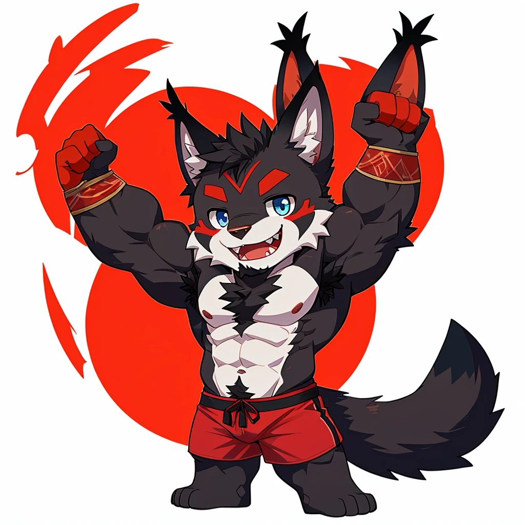 ((Furry lynx cat)), ((chibi)), chibi, chibi, chibi, chibi, body fully covered in black fur, ((fully covered in black fur)), ((black fur)), sharp fangs, sharp teeth, summer shorts outfit, cute, blue eyes, red chest hair, red eyebrows, red armpit hair, black nose, black tail, black tail with red tip, red whiskers, happy, smile, correct ???????, correct hand, ((white background)), (Acting happy), (hands up), enjoy, ((front view)), full body, sexy, (flexing), (muscle), black tail, black tail red tail tip, red eyebrows, red chest hair, red armpit hair, chibi, chibi, chibi, chibi