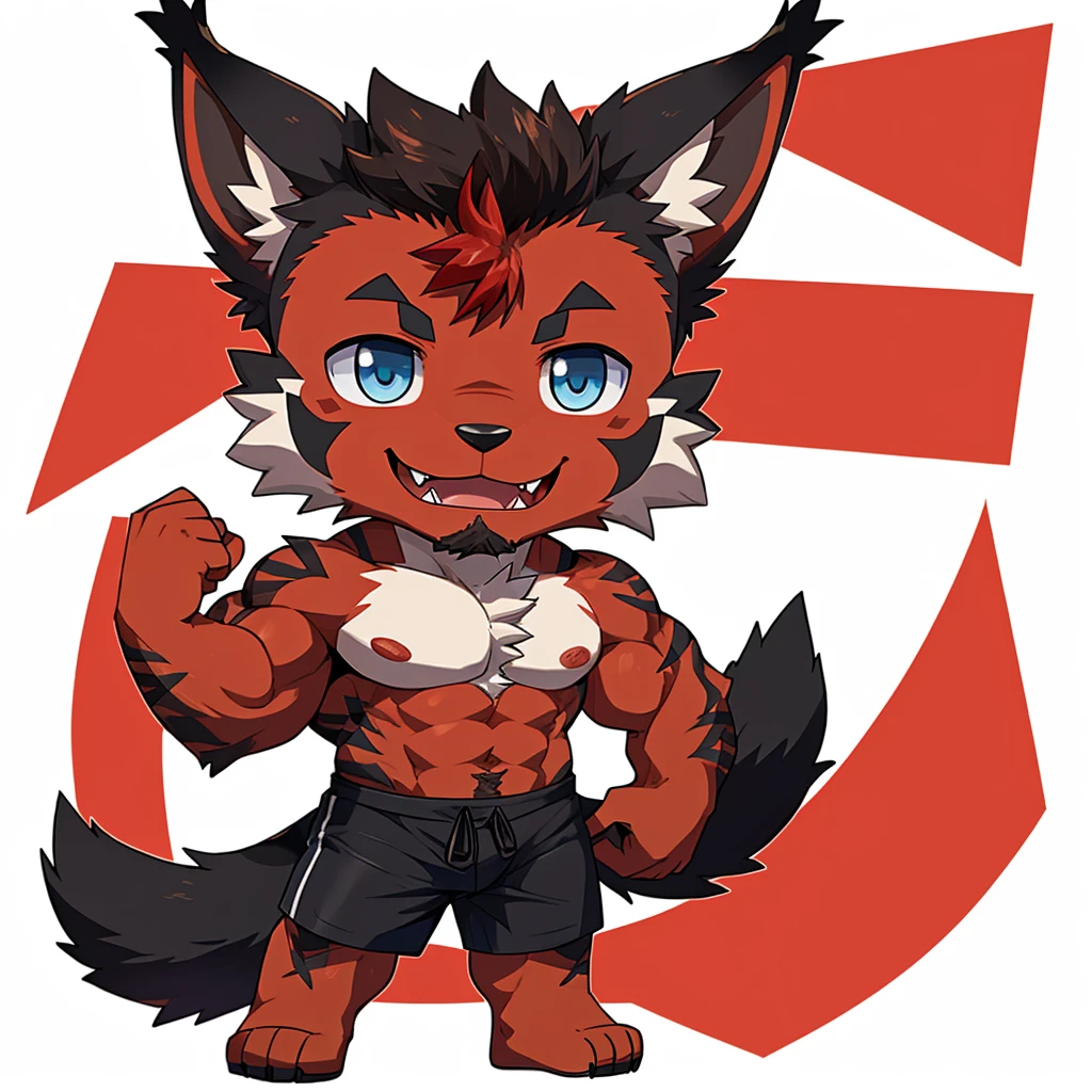 ((Furry lynx cat)), ((chibi)), chibi, chibi, chibi, chibi, body fully covered in black fur, ((fully covered in black fur)), ((black fur)), sharp fangs, sharp teeth, summer shorts outfit, cute, blue eyes, red chest hair, red eyebrows, red armpit hair, black nose, black tail, black tail with red tip, red whiskers, happy, smile, correct Anatomy, correct hand, ((white background)), (Acting happy), (hands up), enjoy, ((front view)), full body, sexy, (flexing), (muscle), black tail, black tail red tail tip, red eyebrows, red chest hair, red armpit hair, chibi, chibi, chibi, chibi