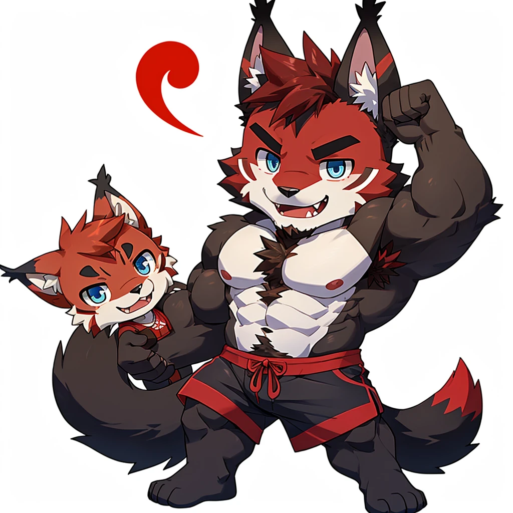 ((Furry lynx cat)), ((chibi)), chibi, chibi, chibi, chibi, body fully covered in black fur, ((fully covered in black fur)), ((black fur)), sharp fangs, sharp teeth, summer shorts outfit, cute, blue eyes, red chest hair, red eyebrows, red armpit hair, black nose, black tail, black tail with red tip, red whiskers, happy, smile, correct Anatomy, correct hand, ((white background)), (Acting happy), (hands up), enjoy, ((front view)), full body, sexy, (flexing), (muscle), black tail, black tail red tail tip, red eyebrows, red chest hair, red armpit hair, chibi, chibi, chibi, chibi
