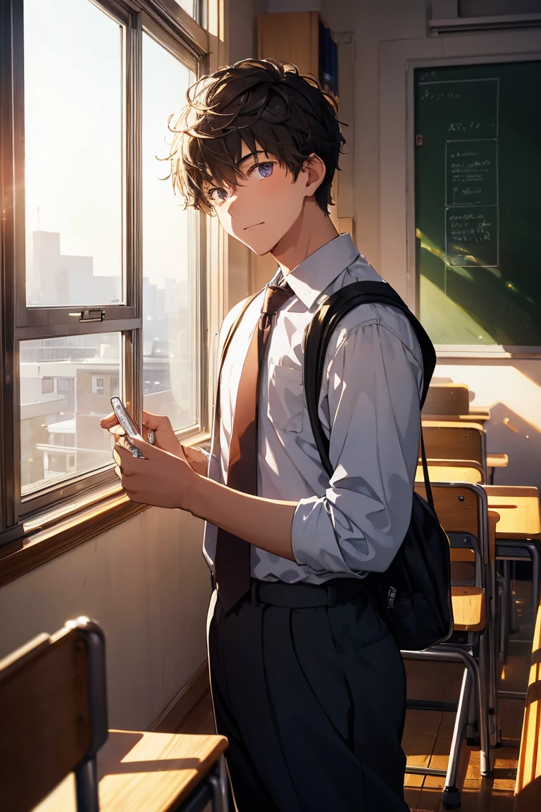 High quality and masterpiece photo of a high school boy in the classroom, With beautiful detailed glow and light effects.
