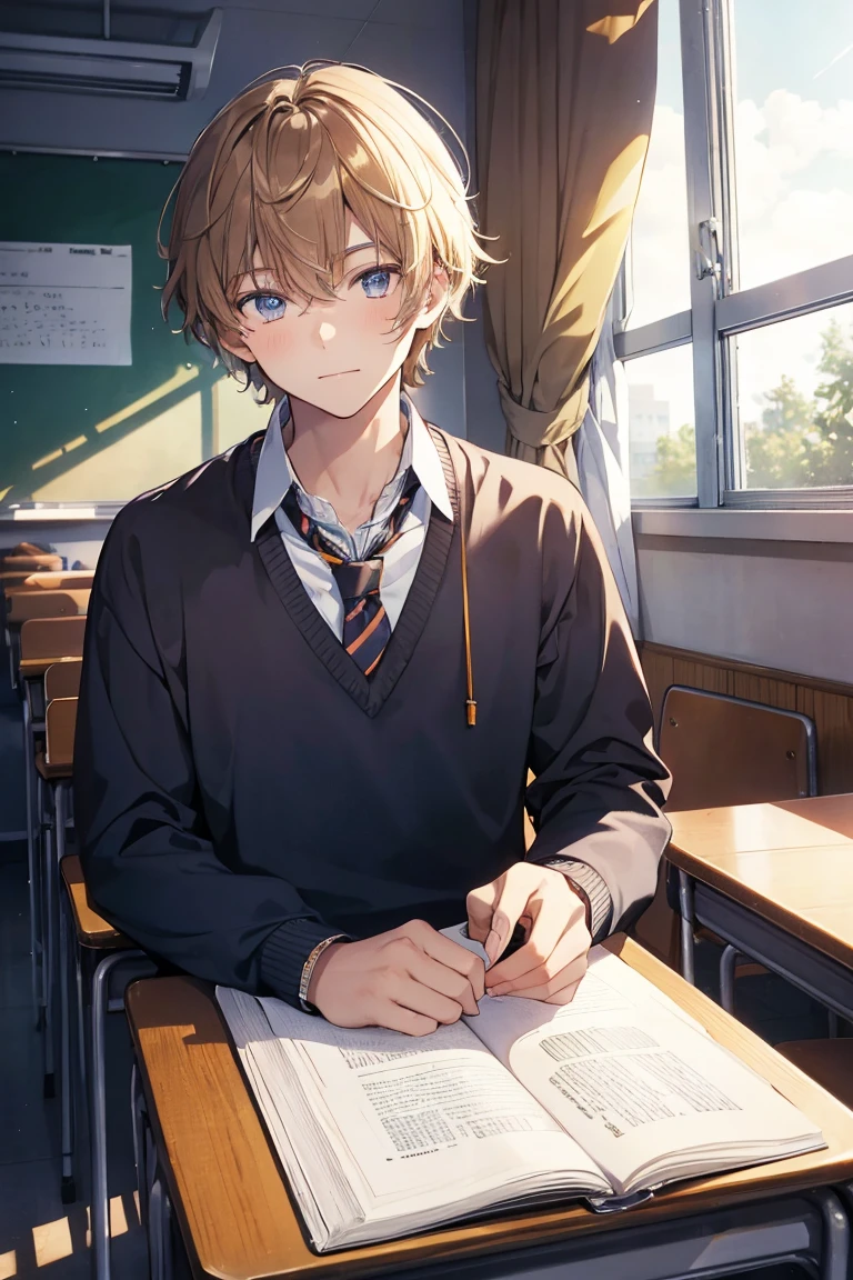 High quality and masterpiece photo of a high school boy in the classroom, With beautiful detailed glow and light effects.