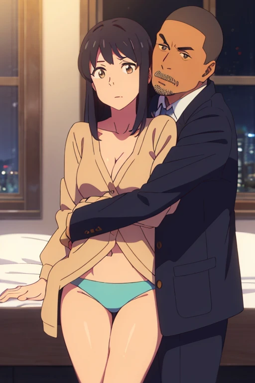shinkai makoto, kimi no na wa., middle aged man, buzzcut, nude, muscular, wrinkles, mustache, middle aged man touching girl breast,breastgrope from behind, passionate hug, middle aged man is hugging from behind, 1girl, bangs, black hair, brown eyes, open mouth, Twisted Half Up, red ribbon, long hair, long sleeve light yellow cardigan, open shirt, yellow shirt, cleavage, breast, medium breast, bottomless, panties, night, indoors, bedroom, masterpiece, perfect anatomy, cowboyshot,