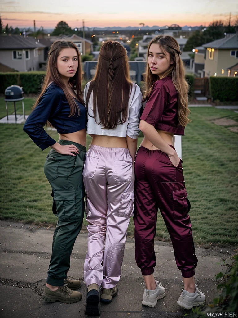 3 beautiful young 18 year old women, hands on hips, (long flowing hair, mix of hair styles), (mix of hair colors), (a woman wearing loungewear and  Cargo Satin pants: Pants with multiple pockets, often inspired by military wear.), low light, neighborhood yard in background, sexy ass, candid ass, erotisch, sich anschauen 

