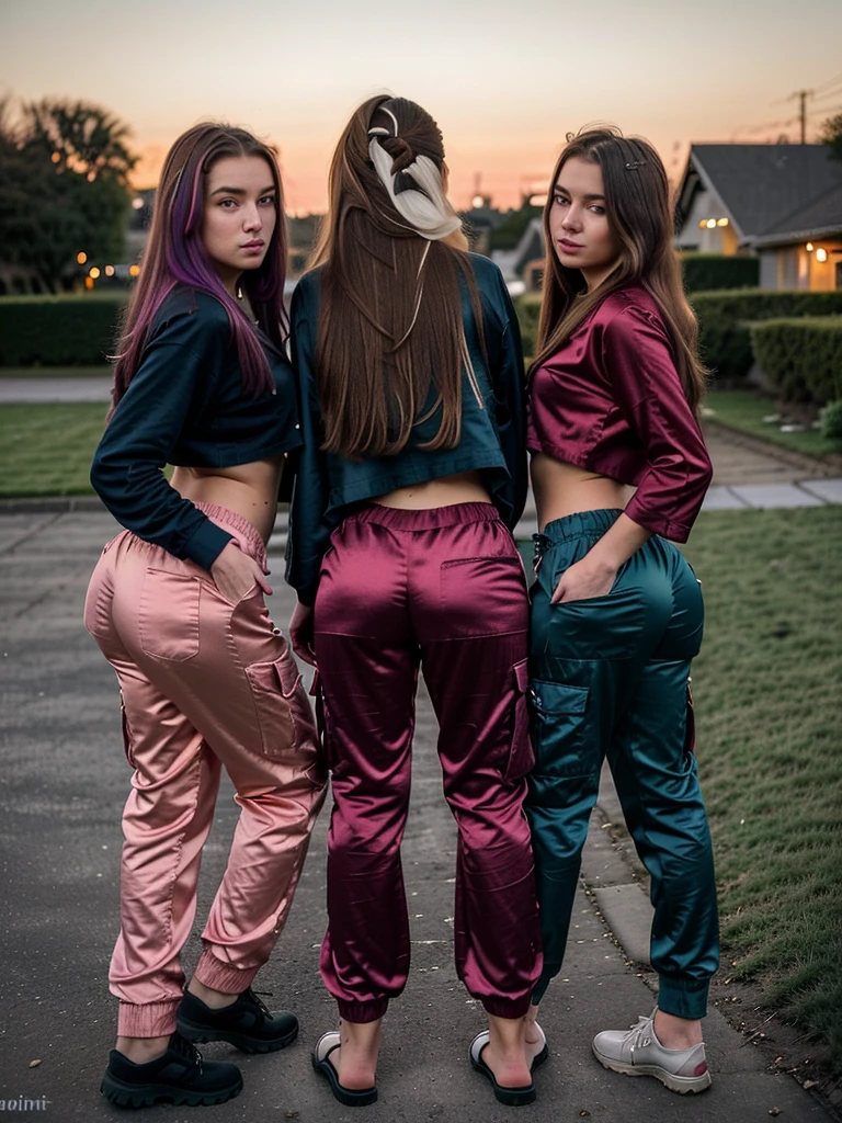 3 beautiful young 18 year old women, hands on hips, (long flowing hair, mix of hair styles), (mix of hair colors), (a woman wearing loungewear and  Cargo Satin pants: Pants with multiple pockets, often inspired by military wear.), low light, neighborhood yard in background, sexy ass, candid ass, erotisch, sich anschauen 
