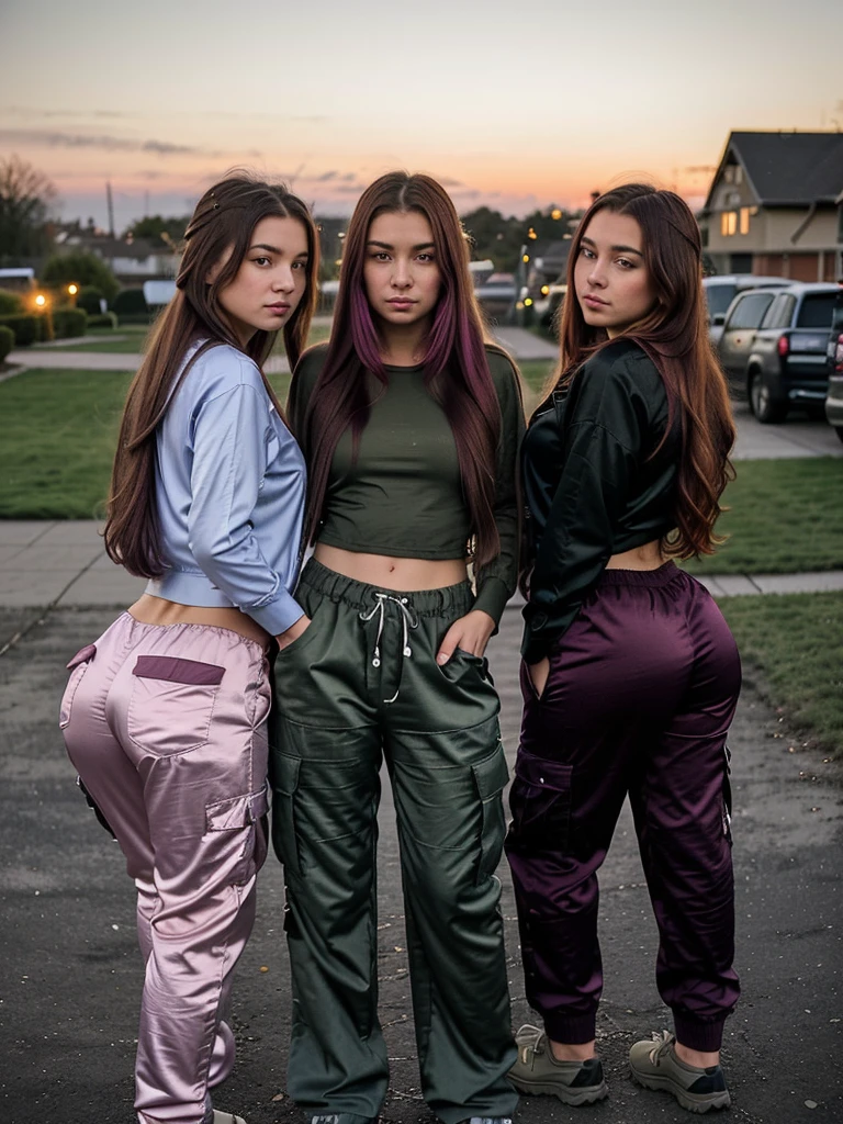 3 beautiful young 18 year old women, hands on hips, (long flowing hair, mix of hair styles), (mix of hair colors), (a woman wearing loungewear and  Cargo Satin pants: Pants with multiple pockets, often inspired by military wear.), low light, neighborhood yard in background, sexy ass, candid ass, erotisch, sich anschauen 
