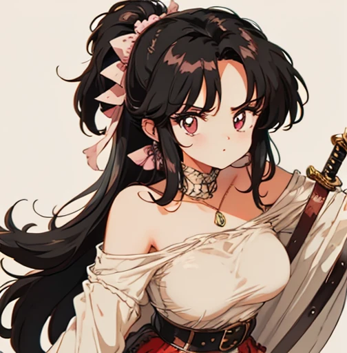 an animated character is in the background of a video game screener and an image of a girl in an with a sword on her shoulder and her breasts spread out