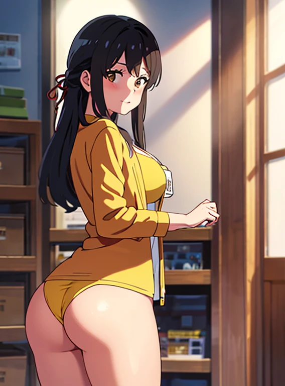 Shinkai Makoto, Kimi No Na Wa., 1 girl, bangs, black hair, brown eyes, Half turned up, Red Ribbon, Long hair, long-sleeved light yellow cardigan, offenes hemd, yellow shirt, Decollete, breast, medium breast, orange shirt, name tag written "LUMINE Miyamizu", look at the viewer, indoors, Jewelry Products, Jewelry store, Jewelry saleswoman, indoors, mall, masterpiece, perfect anatomy, Subscribe to, ass pov (ass pov: Hände eines Jungen halten die breast eines Mädchens, ass pov)