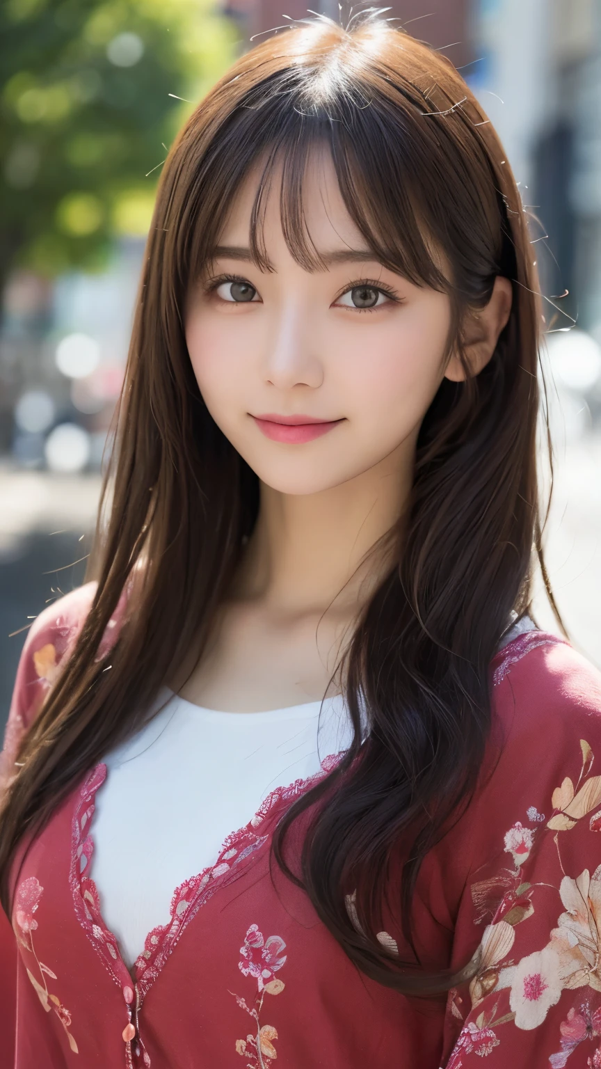 masutepiece, Best Quality, Illustration, Ultra-detailed, finely detail, hight resolution, 8K Wallpaper, Perfect dynamic composition, Beautiful detailed eyes, summer blouse setup clothes,Medium Hair,Small breasts natural color lip, Bold sexy poses,Smile,Harajuku、18 years girl、Cute、Sexy shot looking at camera