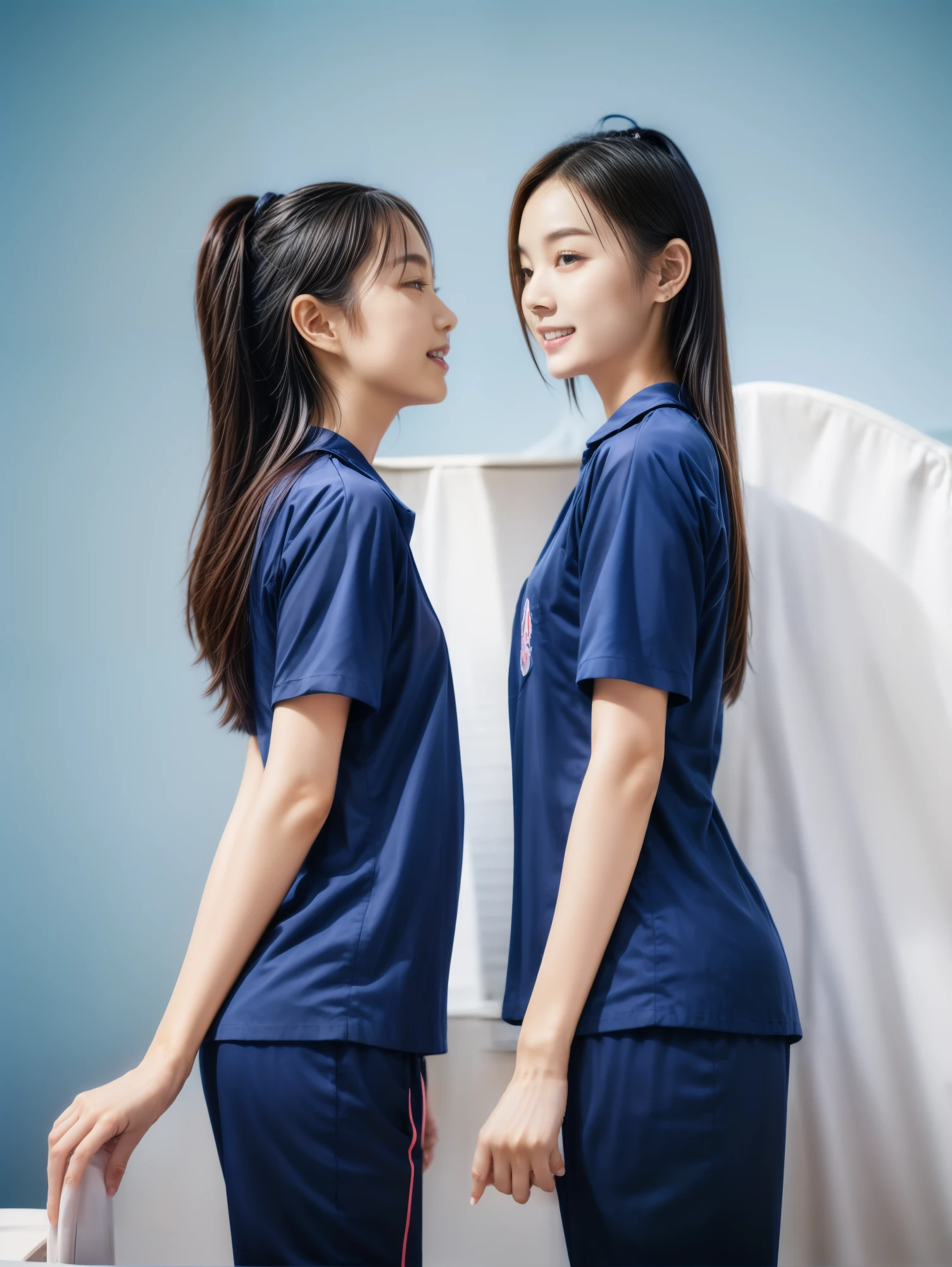 (best quality,10,10,height,Masterpiece:1.2),Special details,(realistic,ภาพrealistic,Realistic photos:1.37),1 Cute girl in the kitchen,shiny, ผิวshiny,only,smile softly,BDclothelue shirt:1.3)),short sleeve,shirt, กางเกงขาlong.,(navy_long_track pants:1.1), ((Kitchen Background)),Dynamic angle,excited,Face focus,dynamic poses,from behind,focus on ass,Masterpiece, best quality, ultra realistic, hyper detail, 8k resolution, raw photos, Sharp focus, ((Navy blue shirt:1.1)), short sleeve, เส้นทางlong, perfect body, 2 mature women, 18 years old, Cinema-grade lighting system,blue sweatpants,shirtผ้าออกกำลังกาย,correct anatomy,perfect body, correct body, Sharp face, correct bodyทางกายวิภาค, full body, realistic gestures, long-haired, realistic poses,Wear long shorts...........................,ช่วงขาlong,Good shape,carved girl, Slender figure, model, Good shape, beautiful body,blue sweatpants, two girls kissing