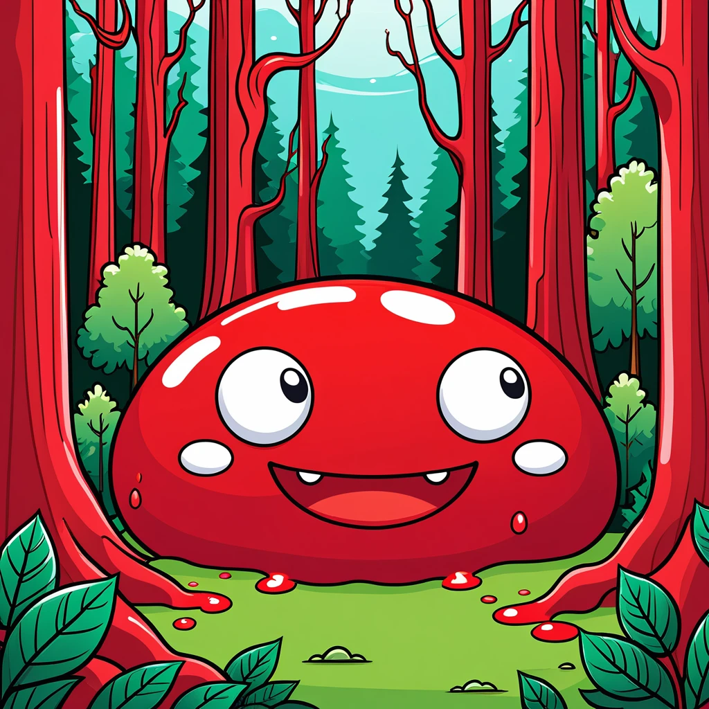 red slime with one eye, illustration, vector graphics, strong contours, forest background
