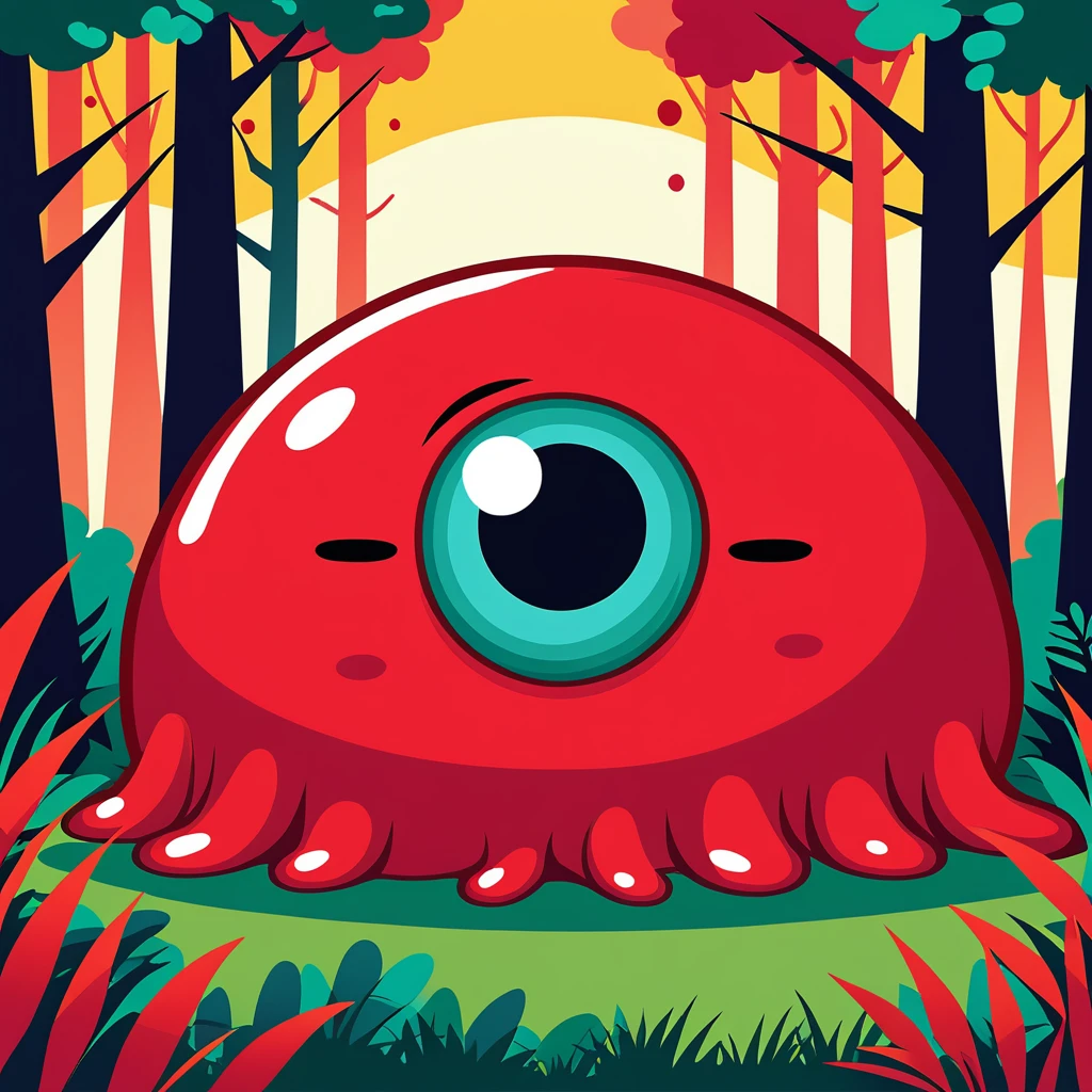 red slime with one eye, illustration, vector graphics, strong contours, forest background