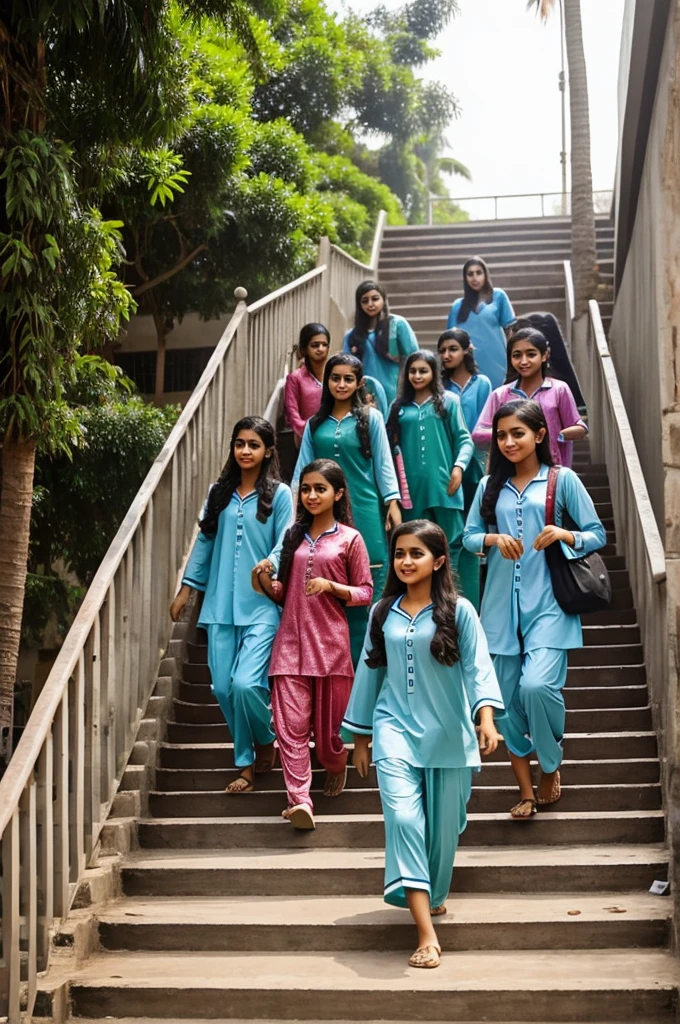 A cute Pakistani girl in kuta pajama with her friends group is coming from the stairs of college