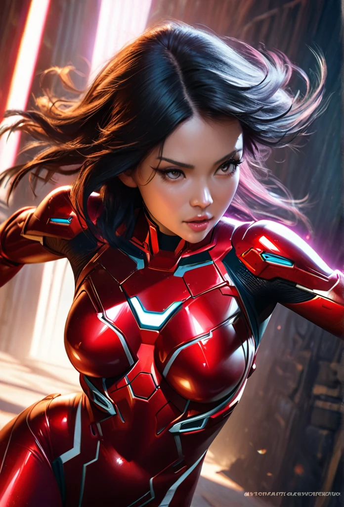 a beautiful girl with long black hair, detailed realistic face, intense gaze, wearing a red iron man style futuristic bodysuit, skin-tight and revealing, in a dynamic action pose, highly detailed, photorealistic, 8k, cinematic lighting, dramatic shadows, vibrant colors, artstation, concept art style