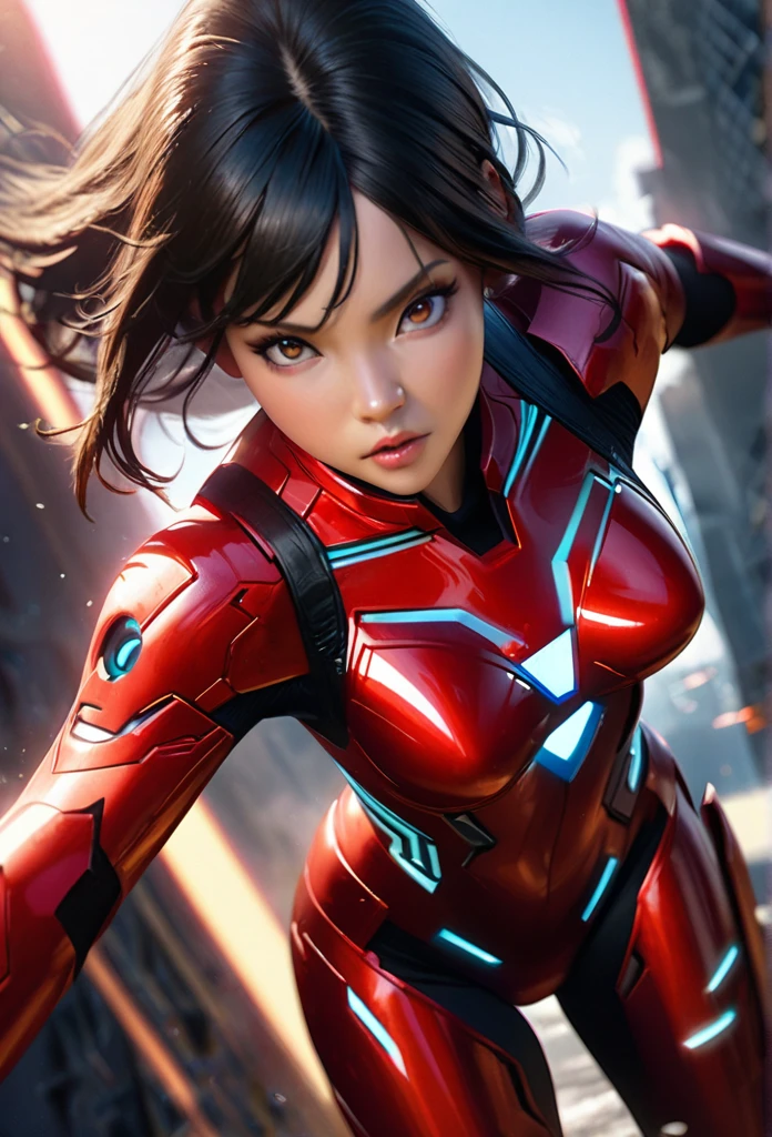 a beautiful girl with long black hair, detailed realistic face, intense gaze, wearing a red iron man style futuristic bodysuit, skin-tight and revealing, in a dynamic action pose, highly detailed, photorealistic, 8k, cinematic lighting, dramatic shadows, vibrant colors, artstation, concept art style