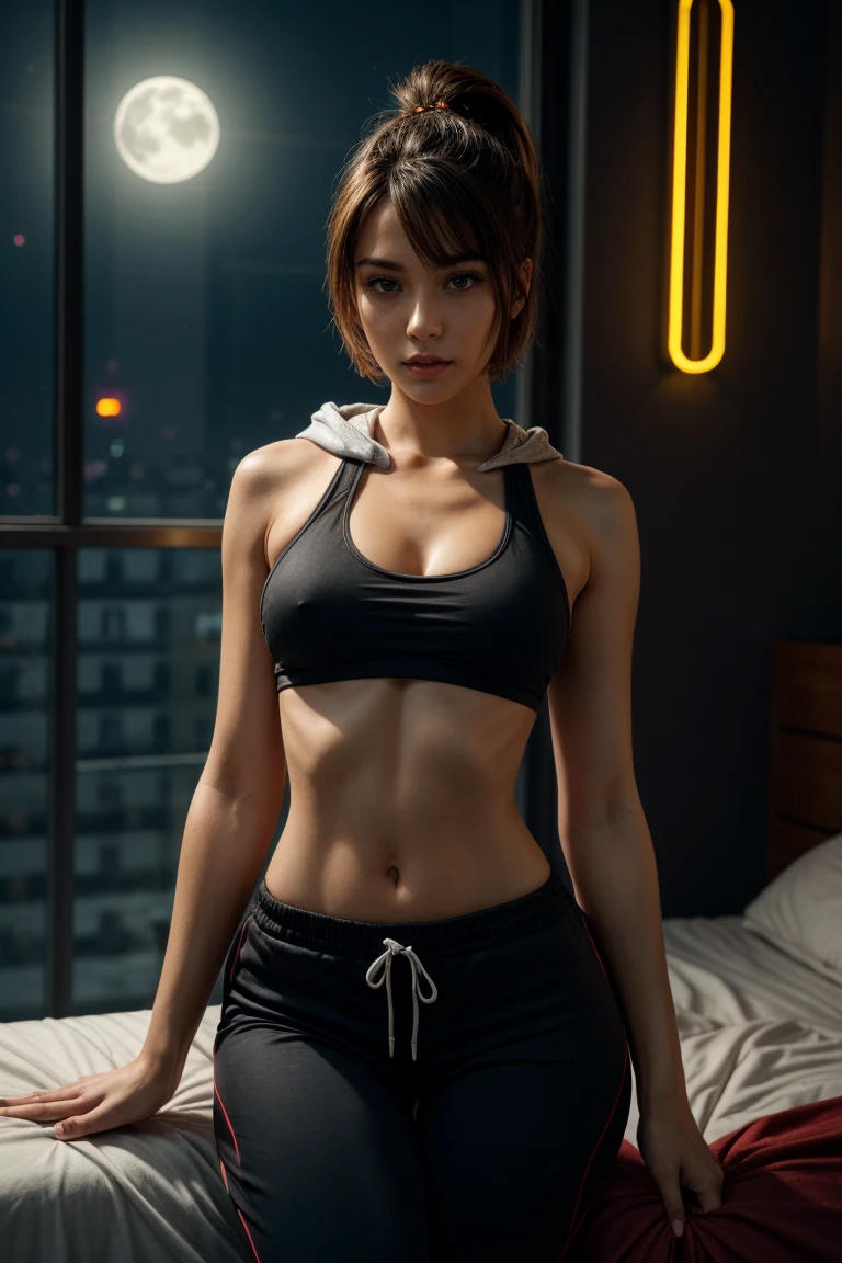 (masterpiece), best quality, expressive eyes, perfect face, , Medium breasts, Brown eyes, Eve, Short bob haircut, Stellar blade, Fringe hair, Athletic body, Ponytail hair, wide hips, cameltoe pussy, unreal engine skin:0.3,hoodie hip hop, black joggers , blushing:1.4, tight breast, looking at viewer,, woman posing, cyberpunk bedroom, night, neon glow spothlighs in the walls
