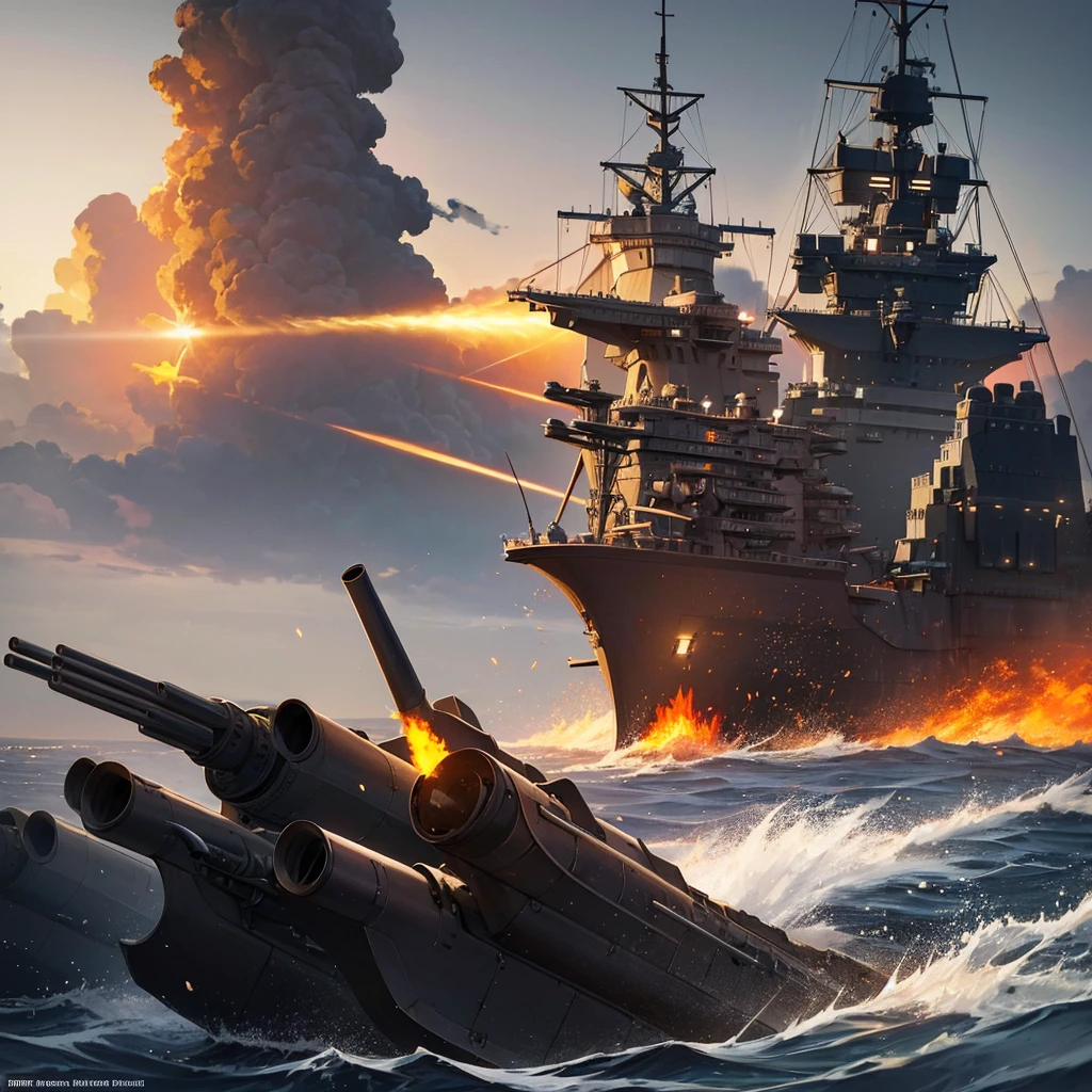 Content: A detailed digital art piece depicting a frontal view of a battleship firing its cannons. The battleship is massive and formidable, with large cannons blasting out powerful bursts of fire and smoke. The ocean around it is turbulent, reflecting the intensity of the action. Medium: Digital art, concept illustration. Style: Highly detailed, realistic military art in the style of naval history illustrations. Lighting: Dynamic lighting with dramatic highlights and shadows to emphasize the power and scale of the battleship. The cannon fire illuminates the scene with intense bursts of light. Colours: A palette of steely blues, greys, and blacks, with bright flashes of orange and yellow from the cannon fire. Composition: A frontal view with a slightly low angle to emphasize the size and power of the battleship. The horizon line is low, creating a dramatic sense of scale and action.