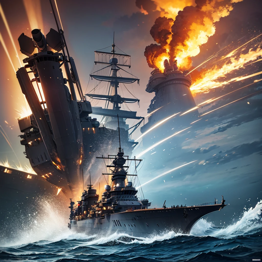 Content: A detailed digital art piece depicting a frontal view of a battleship firing its cannons. The battleship is massive and formidable, with large cannons blasting out powerful bursts of fire and smoke. The ocean around it is turbulent, reflecting the intensity of the action. Medium: Digital art, concept illustration. Style: Highly detailed, realistic military art in the style of naval history illustrations. Lighting: Dynamic lighting with dramatic highlights and shadows to emphasize the power and scale of the battleship. The cannon fire illuminates the scene with intense bursts of light. Colours: A palette of steely blues, greys, and blacks, with bright flashes of orange and yellow from the cannon fire. Composition: A frontal view with a slightly low angle to emphasize the size and power of the battleship. The horizon line is low, creating a dramatic sense of scale and action.