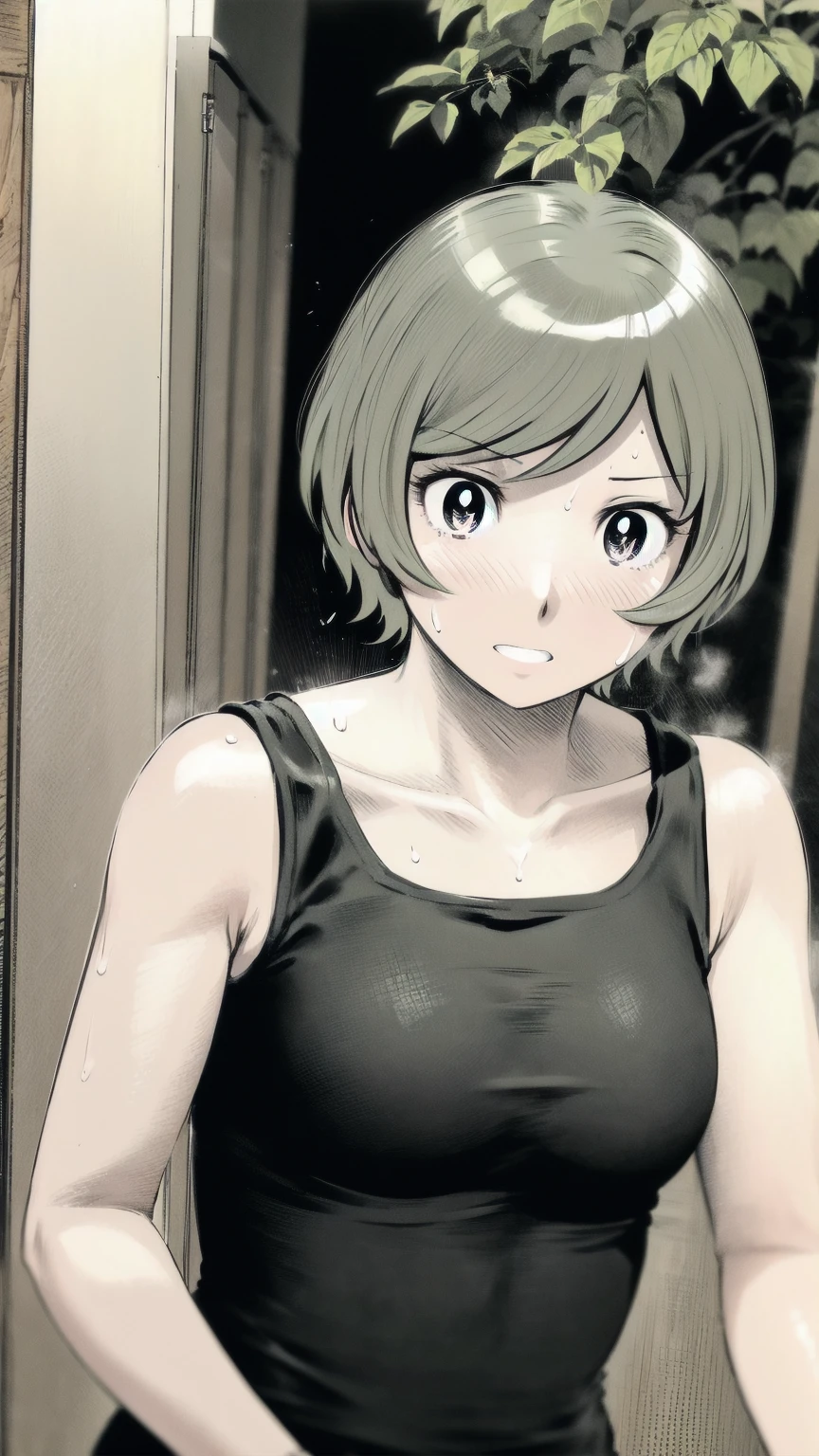 、(masterpiece、Highest quality)、Highest quality, Ultra-high resolution, (((masterpiece))), alone, Sweat、Big eyes, Sleeveless、Outdoor、Floral Dress、Composition from the front、(後ろCut your hair short、short hair、blonde、woman)、Shortcuts、Embarrassed face、Cut your hair short、可愛いwomanの子、Big Breasts、Browsing Caution