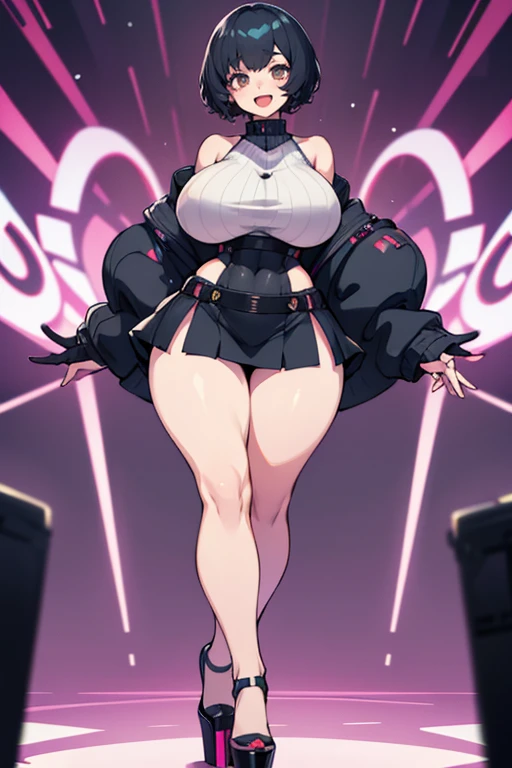 young girl, Pullover, very short skirt whole body to see, exited, smile, scream, Open mouth, curly short hair, (( very wide hips)), (huge thighs, very big thighs), big breast, platform heels , thin waist, topless, Cyberpunk,