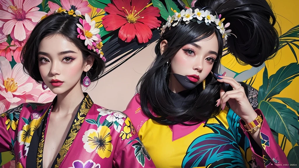 Create a pop art style digital artwork, Bold makeup and colorful fashion、Featuring vibrant and confident women, Cinematic color scheme, Surrounded by vintage floral patterns, Powerful brushwork,The atmosphere should be dynamic., Upper Body, drawing, figure, grayscale, tropical, Adubon fruit, Adubon Plants, Lots of flowers, vector, oil, Asian Girl, black eye