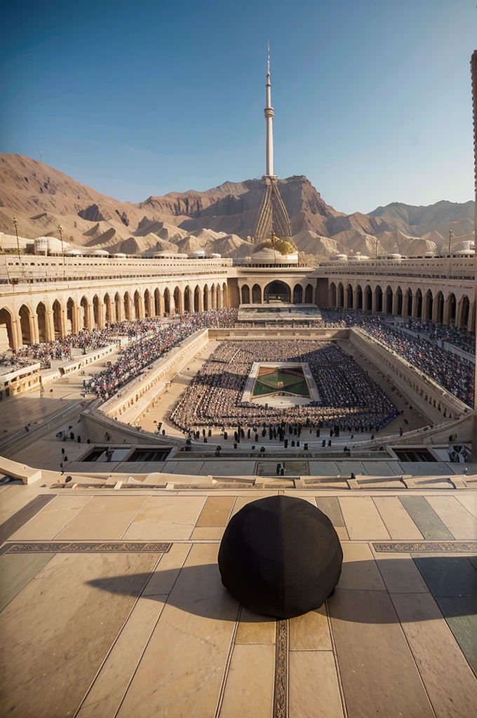 make a close-up picture of the Mecca Kaabah with the landscape in the afternoon and people prostrating themselves