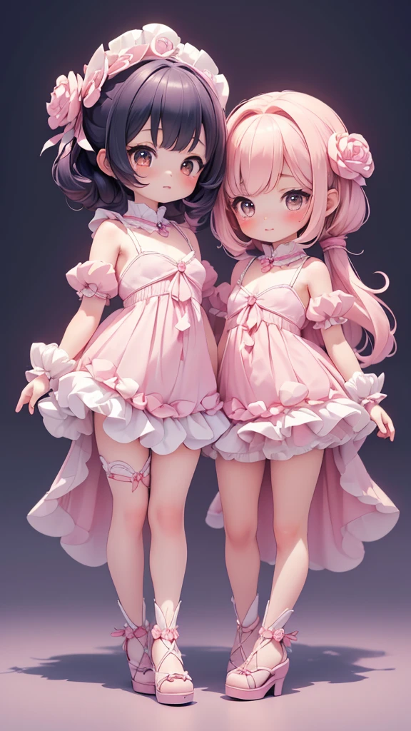 ((petite bishojo, little 2girls)), ((cute face)), ((cute puffy eyes)), ((masterpiece)), ((best quality)), ((ultra detailed)), ((exquisite)), ((depth)), ((crisp)), ((8k)), ((beautiful and aesthetic)), (super detailed skin), ((high standard)), ((highres)), ((perfect anatomy)), (full body), (blush), (rouge), (young seductress), (beautiful fingers)