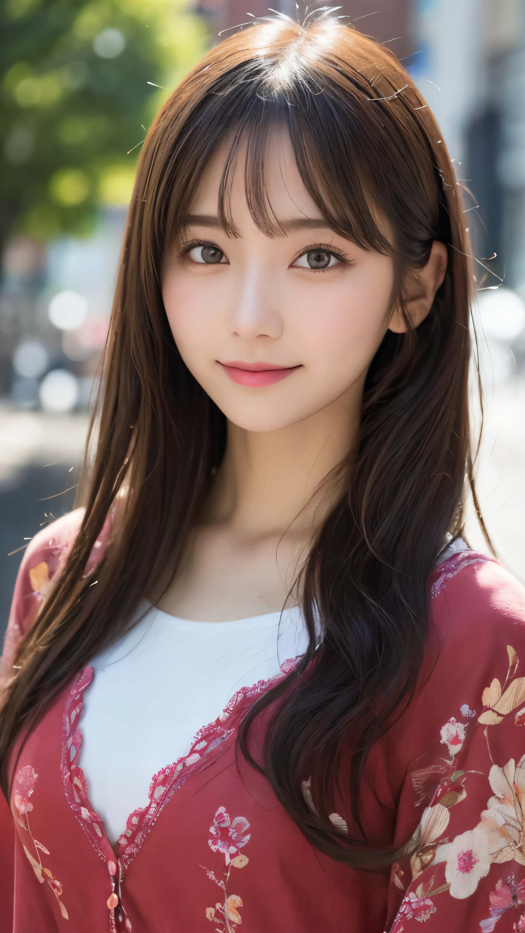 masutepiece, Best Quality, Illustration, Ultra-detailed, finely detail, hight resolution, 8K Wallpaper, Perfect dynamic composition, Beautiful detailed eyes, summer blouse setup clothes,Medium Hair,Small breasts natural color lip, Bold sexy poses,Smile,Harajuku、18 years girl、Cute、Sexy shot looking at camera