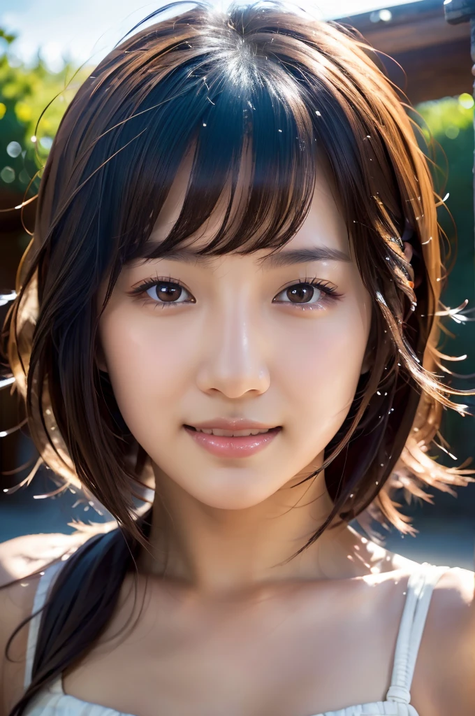 Highest quality, Face Focus, Soft Light, Ultra-high resolution, (Realistic:1.4), RAW Photos, 1 Japanese girl, alone, cute, (A shy smile:0.5), (Brown eyes, Light in your eyes), Beautiful face in every detail,,(High resolution detail of human skin texture), (Long Hair), skirt